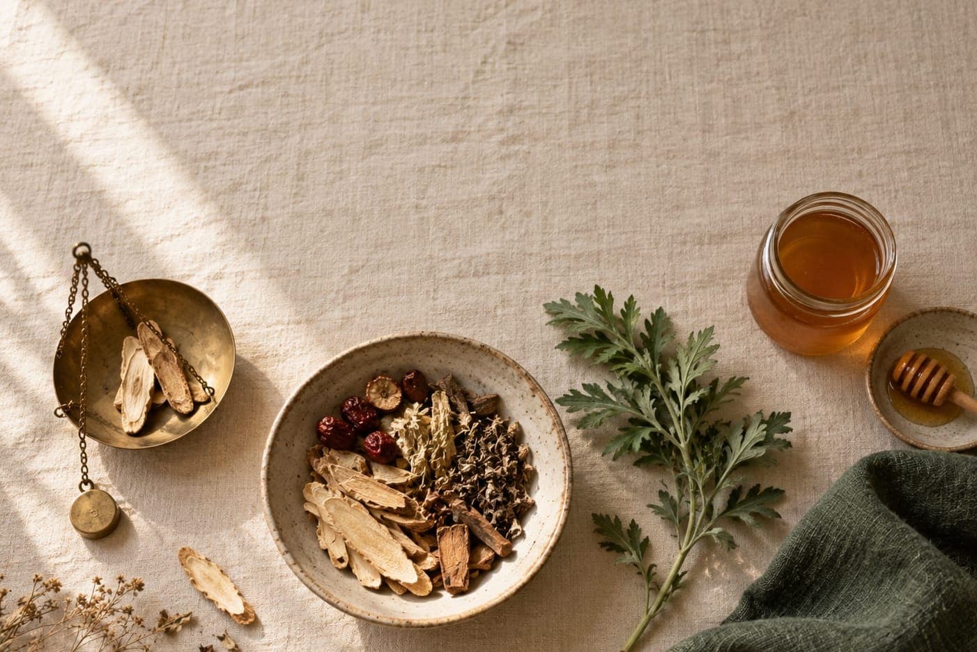 Dried herbs, roots and honey laid out on linen in the clinic