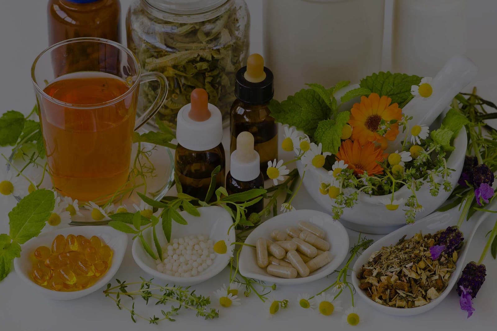 Herbal tinctures, capsules and loose herbs arranged on a clinic shelf
