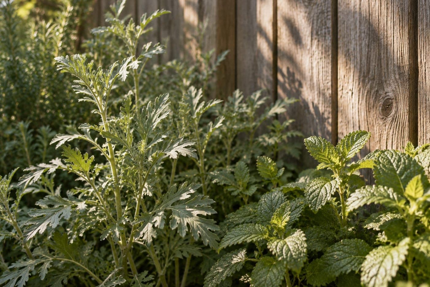 Mugwort and lemon balm growing against a weathered cedar fence