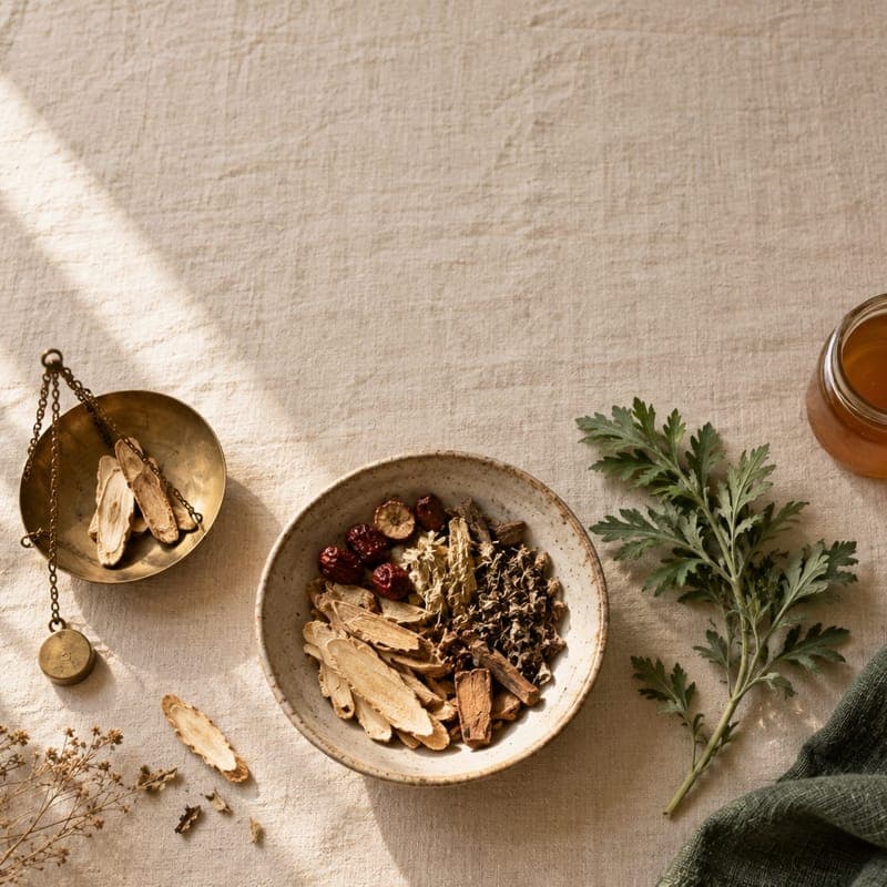 Sliced roots, dried jujube berries, mugwort and a small brass scale laid out on linen in morning light.