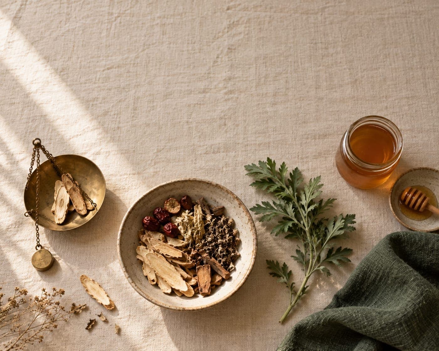 Sliced roots, dried jujube berries, mugwort and a small brass scale laid out on linen in morning light.