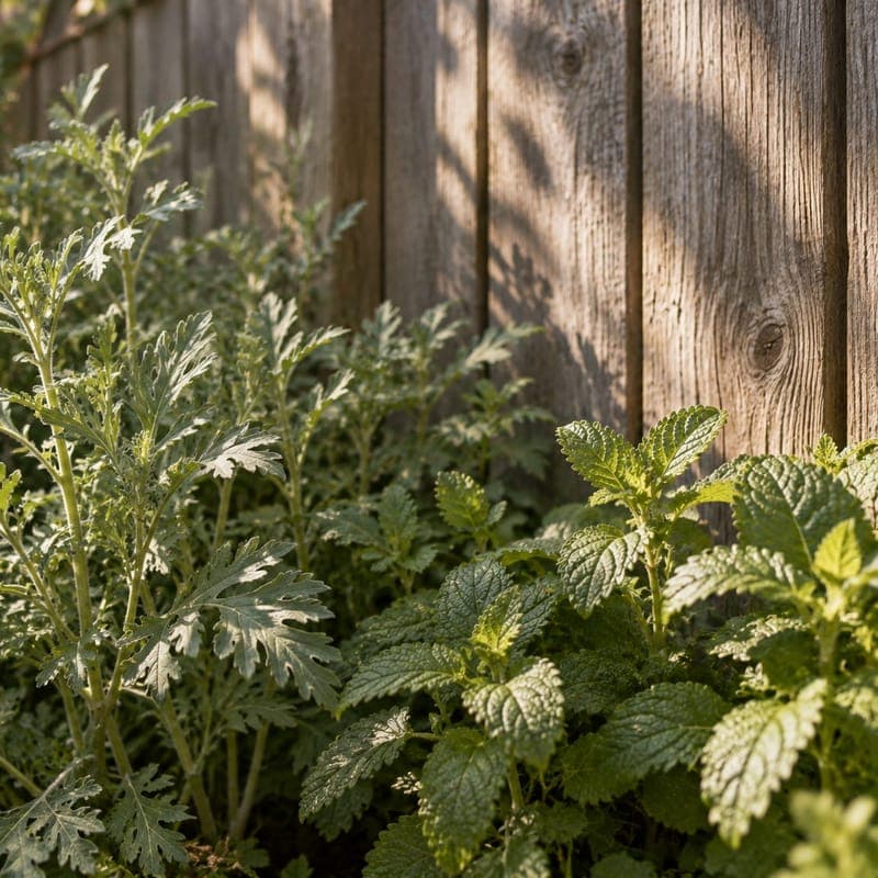 Mugwort and lemon balm growing against a weathered wood fence in the sun.