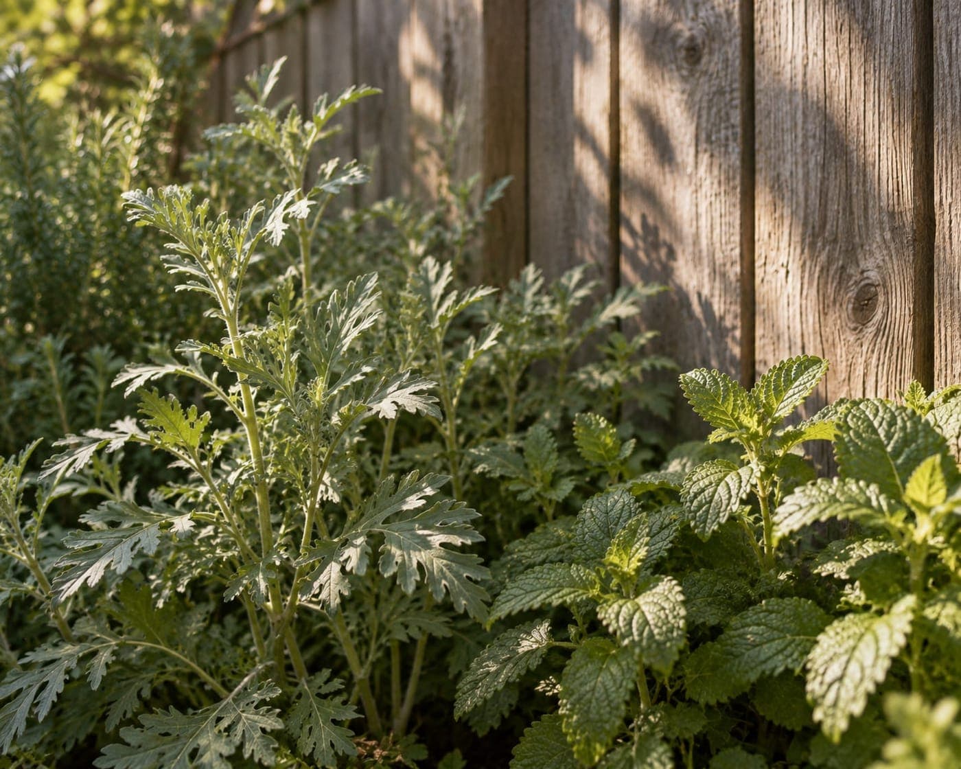 Mugwort and lemon balm growing against a weathered wood fence in the sun.